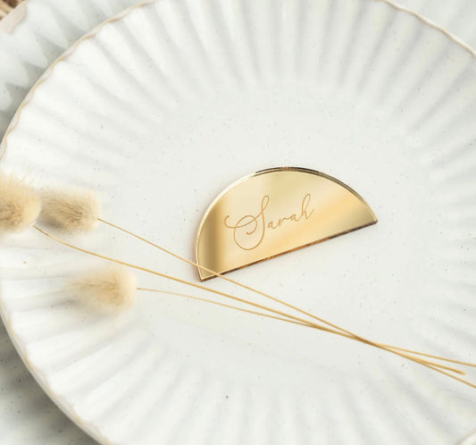 mezzaluna tag Segnaposto in plexiglass sagomato tagliato specchiato oro o argento taglio laser Battesimo / Matrimonio / Nozze / Comunione