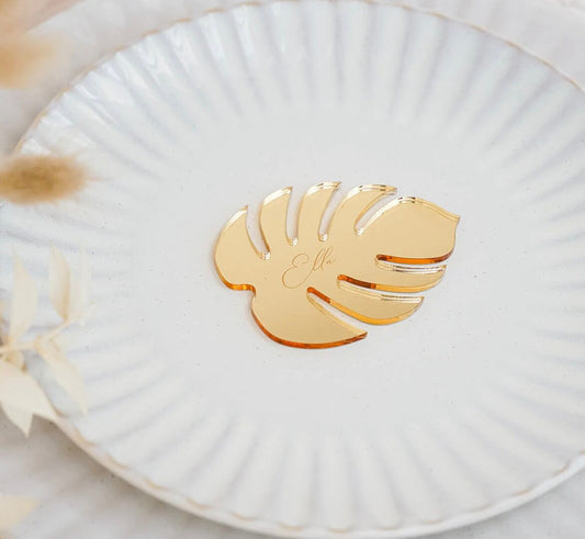 foglia tag Segnaposto in plexiglass sagomato tagliato specchiato oro o argento taglio laser Battesimo / Matrimonio / Nozze / Comunione