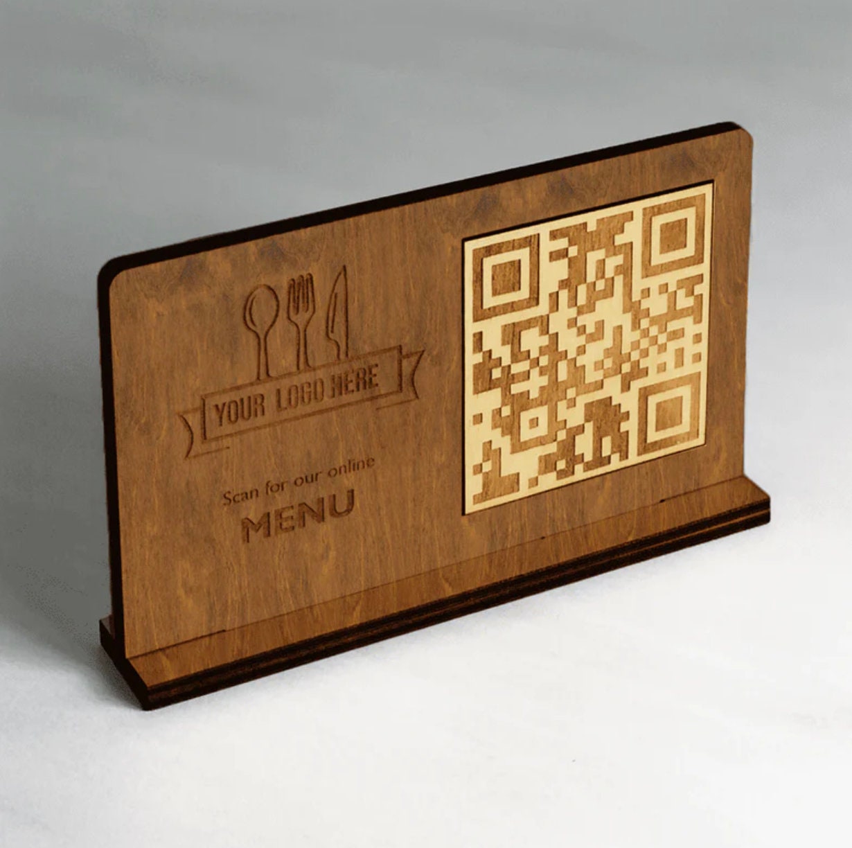 qr code da tavolo Portamenu 10-50-100 pz in legno naturale, mogano, ebano personalizzati con incisione laser logo ristorante economico