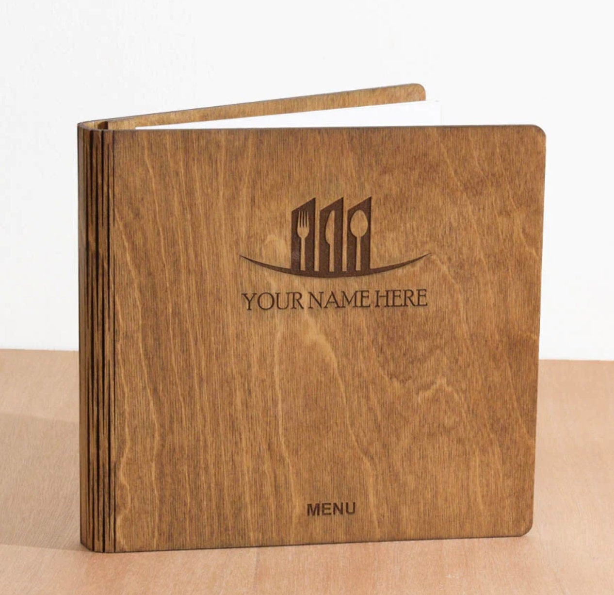 portamenu in legno fatti a mano Portamenu 1-10-50-100 pz in legno naturale, mogano, ebano personalizzati con incisione laser logo ristorante