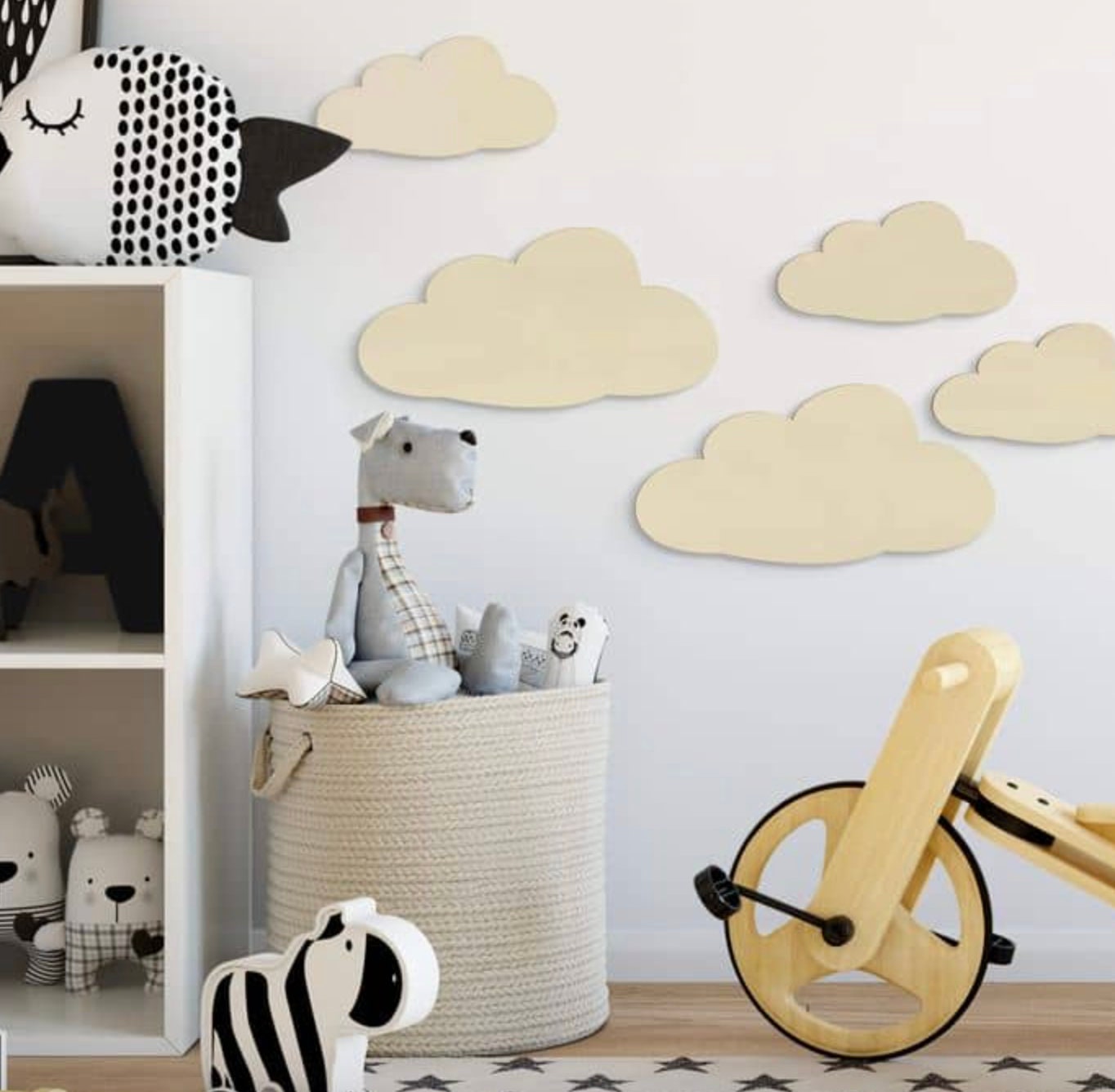 Decoro in legno - Set nuvole (5-pz.) decorazione in legno per bambini camera bambino in legno decorazione parete design kids nuvola
