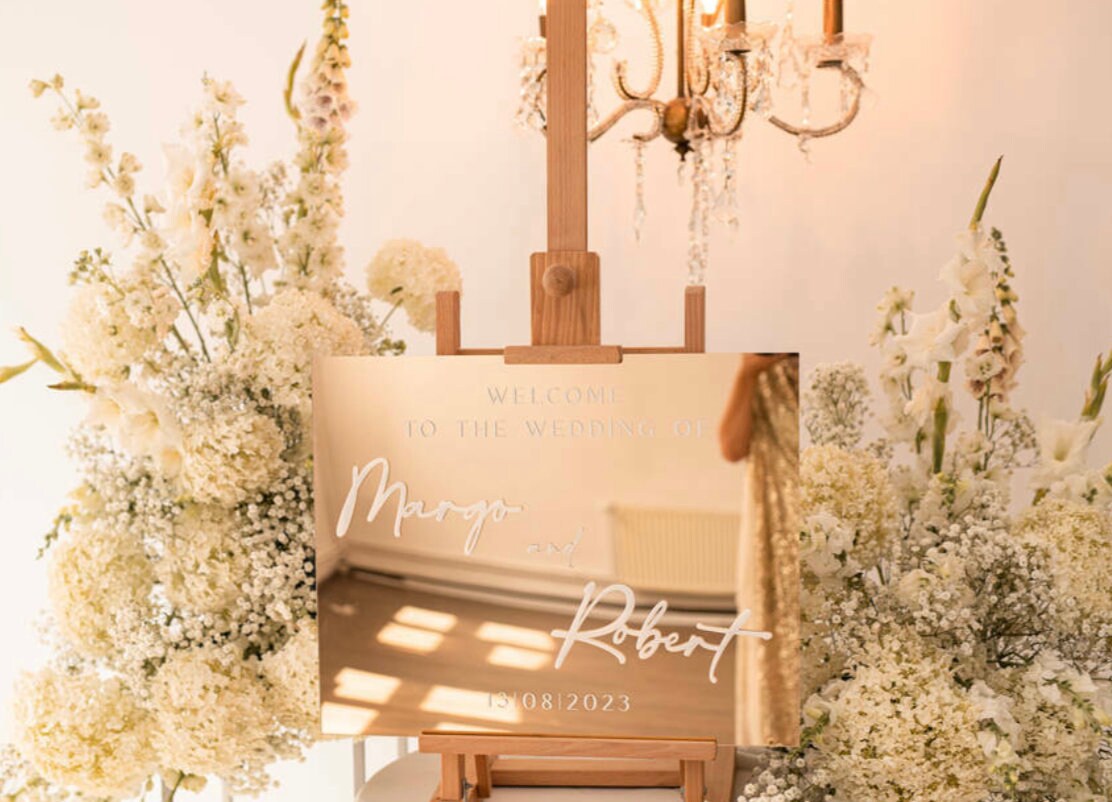 welcome sign in oro specchiato- Doccia nuziale Segno di benvenuto - Segno di benvenuto Matrimonio moderno - Arredamento luxury di nozze