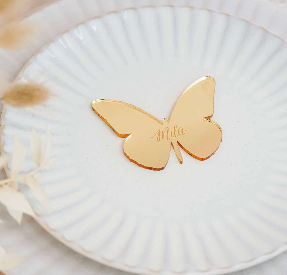 farfalla tag Segnaposto in plexiglass sagomato tagliato specchiato oro o argento taglio laser Battesimo / Matrimonio / Nozze / Comunione