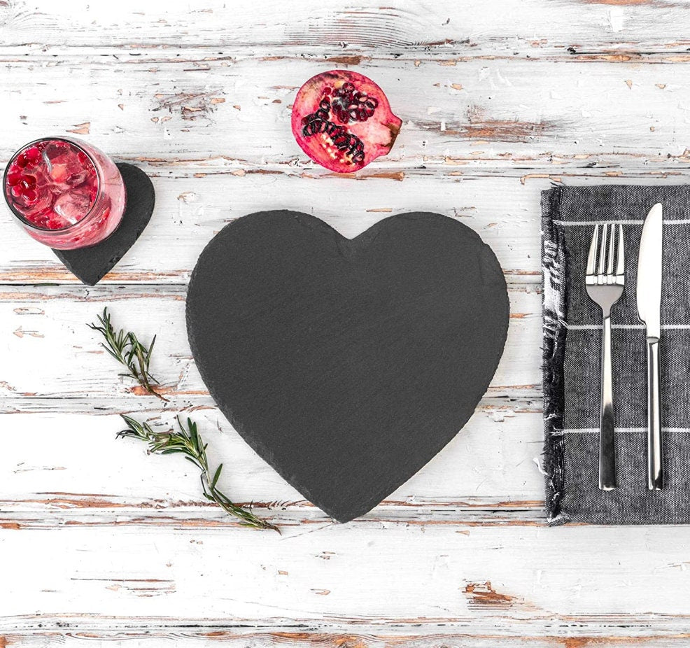 Sottobicchiere in Ardesia Naturale - a Forma di Cuore - 6 Pezzi 10x10cm personalizzati con incisione laser regalo casa nuova ristorante