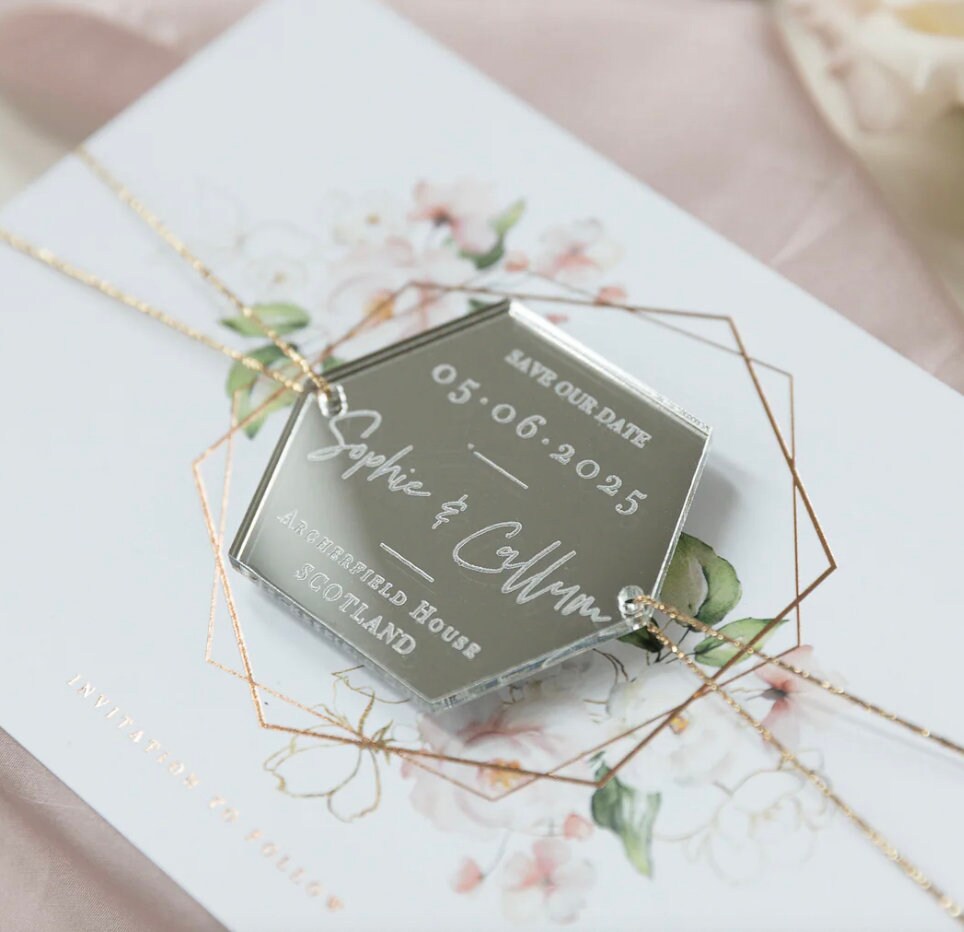 calamita esagonale in plexiglass specchiato rettangolare oro o argento Battesimo / Matrimonio / Nozze / Comunione