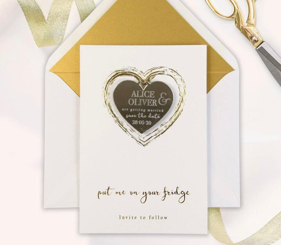 calamita cuore magnete personalizzato bomboniera in plexiglass specchiato rettangolare oro o argento Battesimo / Matrimonio / Nozze