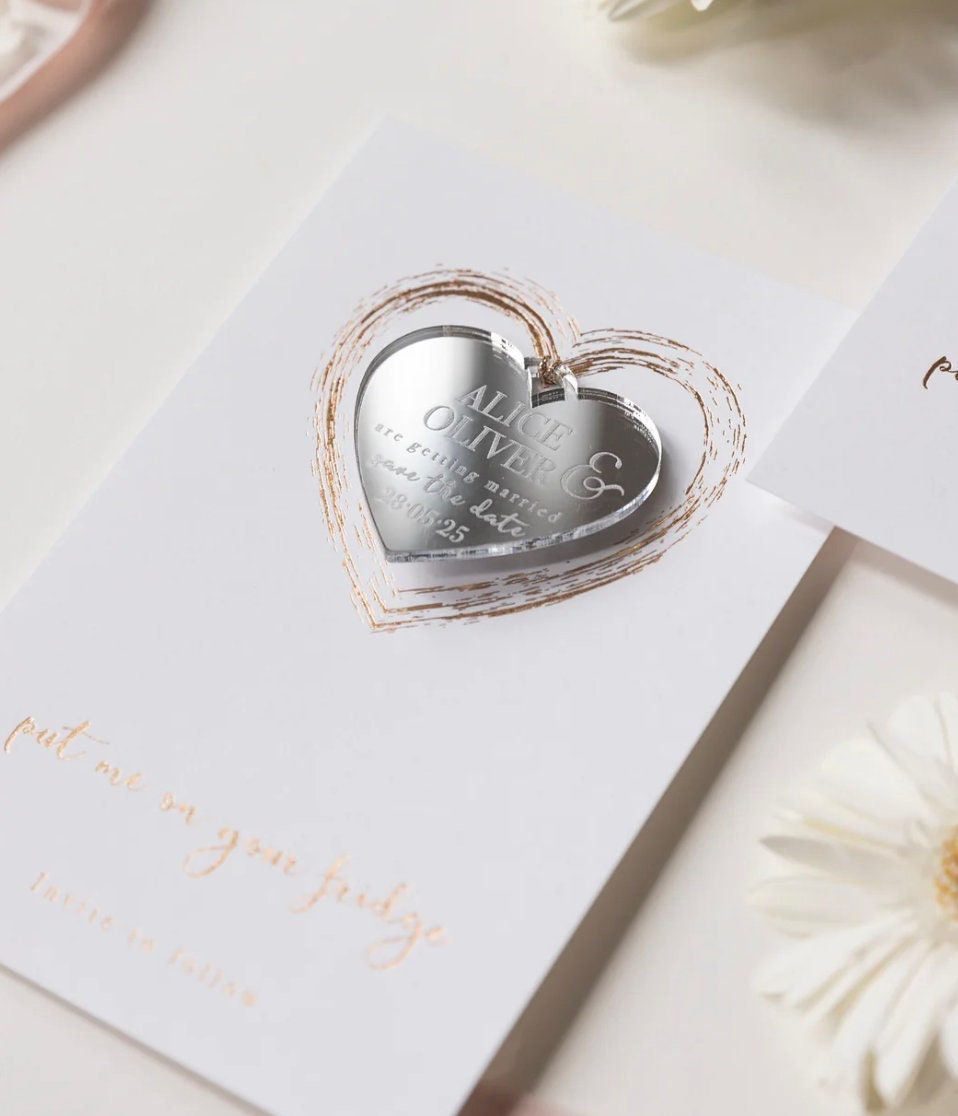 calamita cuore magnete personalizzato bomboniera in plexiglass specchiato rettangolare oro o argento Battesimo / Matrimonio / Nozze