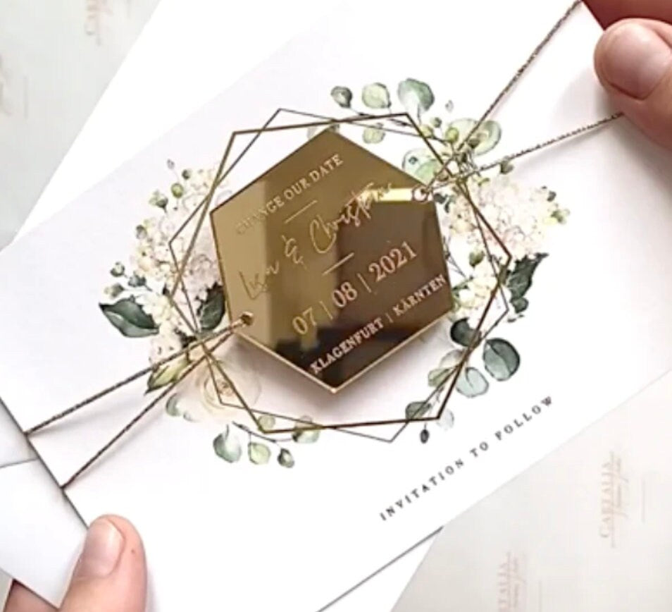 calamita esagonale in plexiglass specchiato rettangolare oro o argento Battesimo / Matrimonio / Nozze / Comunione