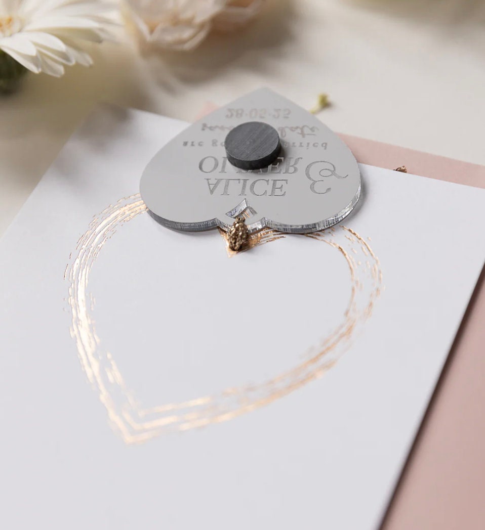 calamita cuore magnete personalizzato bomboniera in plexiglass specchiato rettangolare oro o argento Battesimo / Matrimonio / Nozze