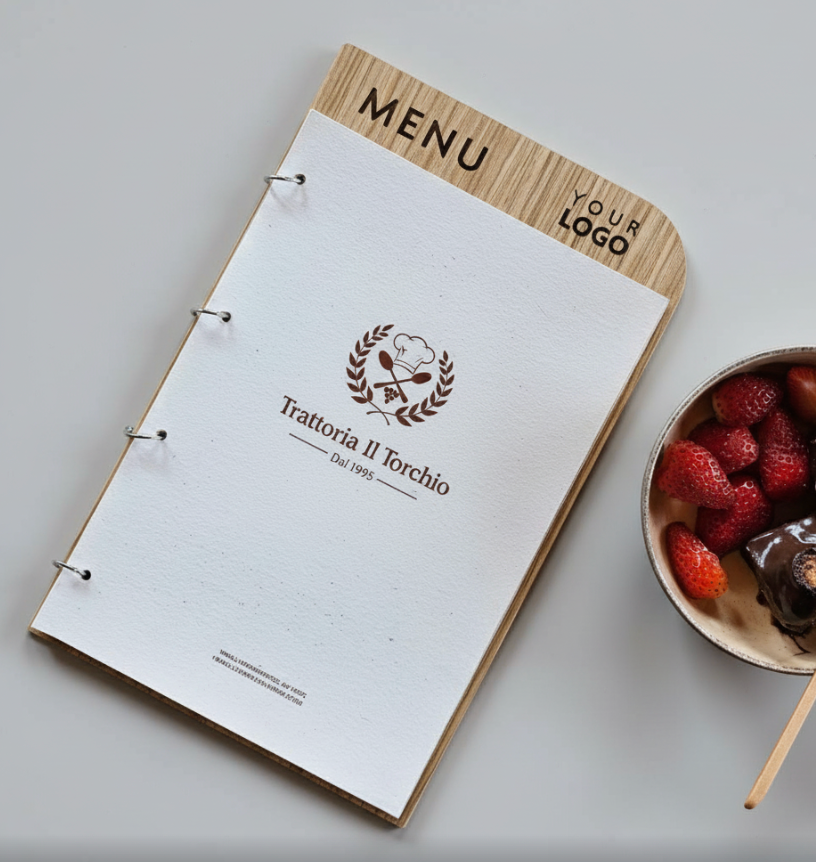 Porta menù in legno nero simil ebano formato A4/A5 per HoReCa (Hotel, Ristoranti, Bar), Porta menù personalizzato, Porta menù inciso con anelli, Menù con logo
