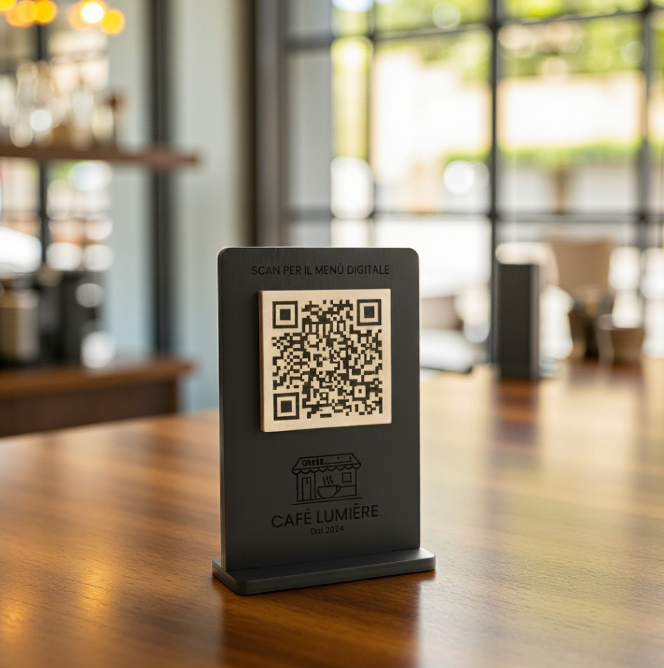 qr code cavalierino in legno noce scuro con incisione personalizzata logo per ristorante bar pub locale rustico
