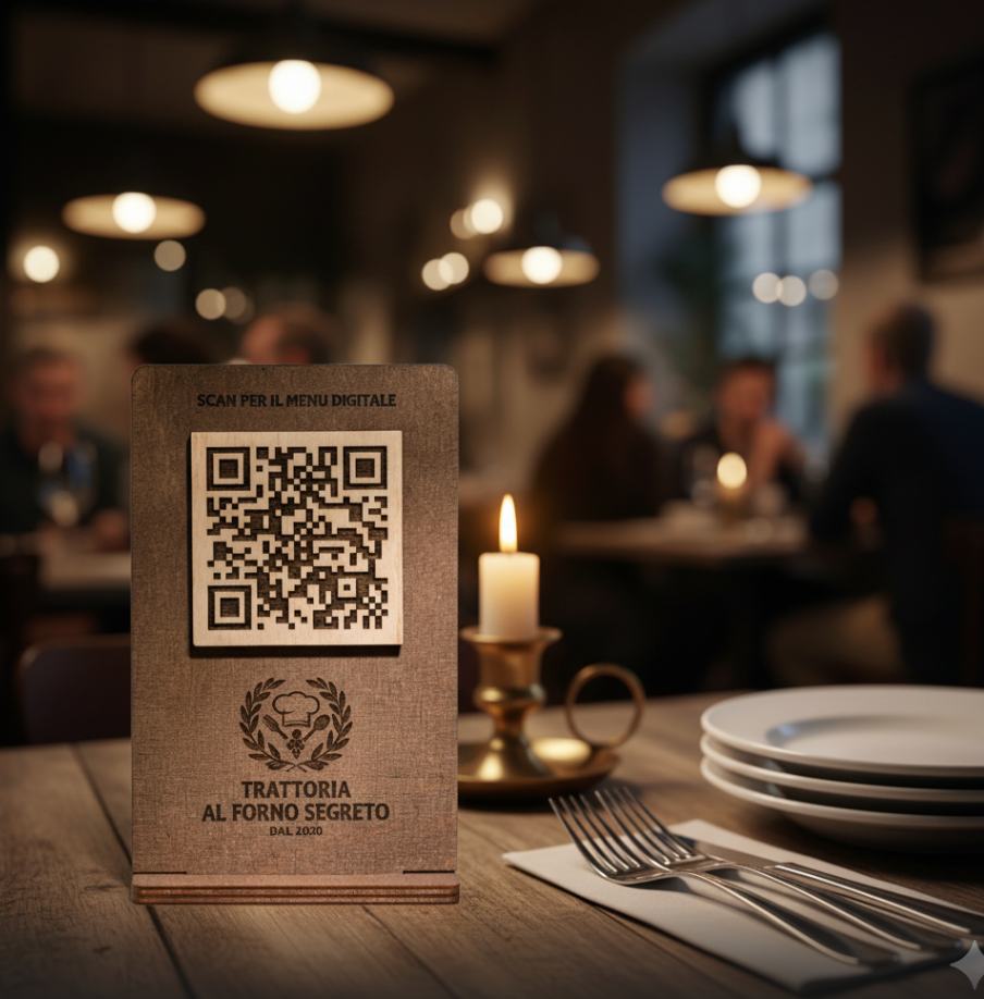 qr code cavalierino in legno noce scuro con incisione personalizzata logo per ristorante bar pub locale rustico