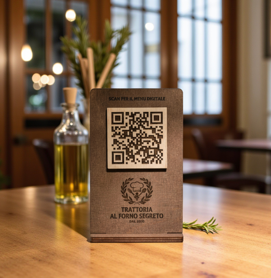 qr code cavalierino in legno noce scuro con incisione personalizzata logo per ristorante bar pub locale rustico