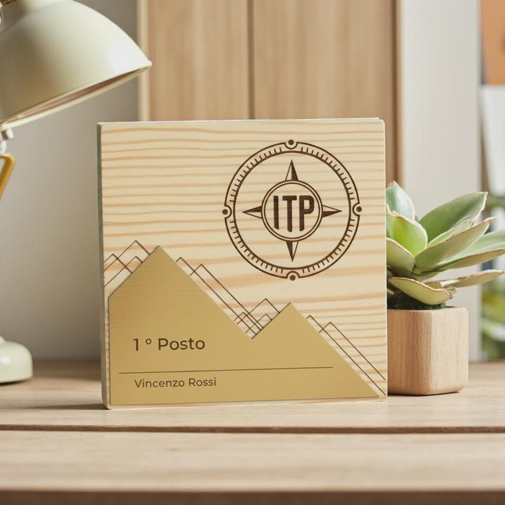 Trofeo in legno quadrato argento ecosostenibile , premio quadrato personalizzato abbinato a cornice flessibile in ottone, targa green
