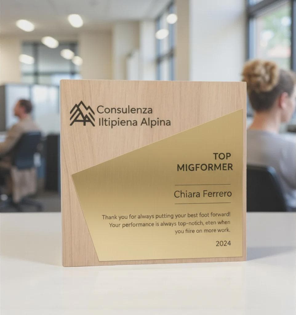 Trofeo in legno quadrato oro ecosostenibile , premio quadrato personalizzato abbinato a cornice flessibile in ottone, targa green