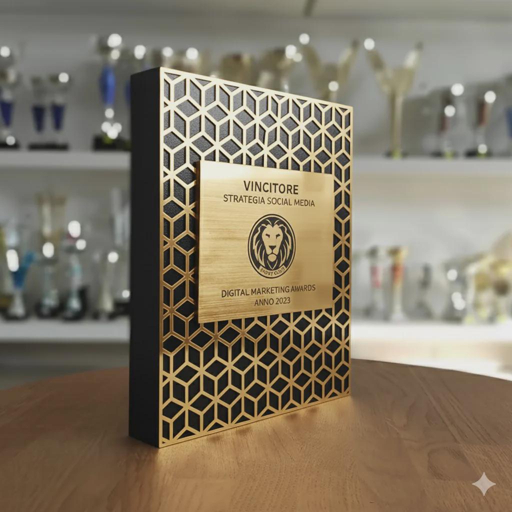 Trofeo blocco traforato bronzo abs in pino massello, premio quadrato personalizzato abbinato a cornice flessibile in ottone