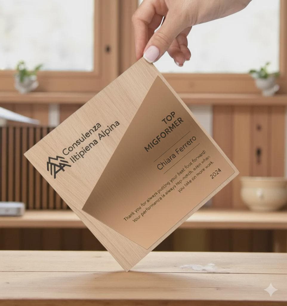 Trofeo in legno quadrato oro ecosostenibile , premio quadrato personalizzato abbinato a cornice flessibile in ottone, targa green