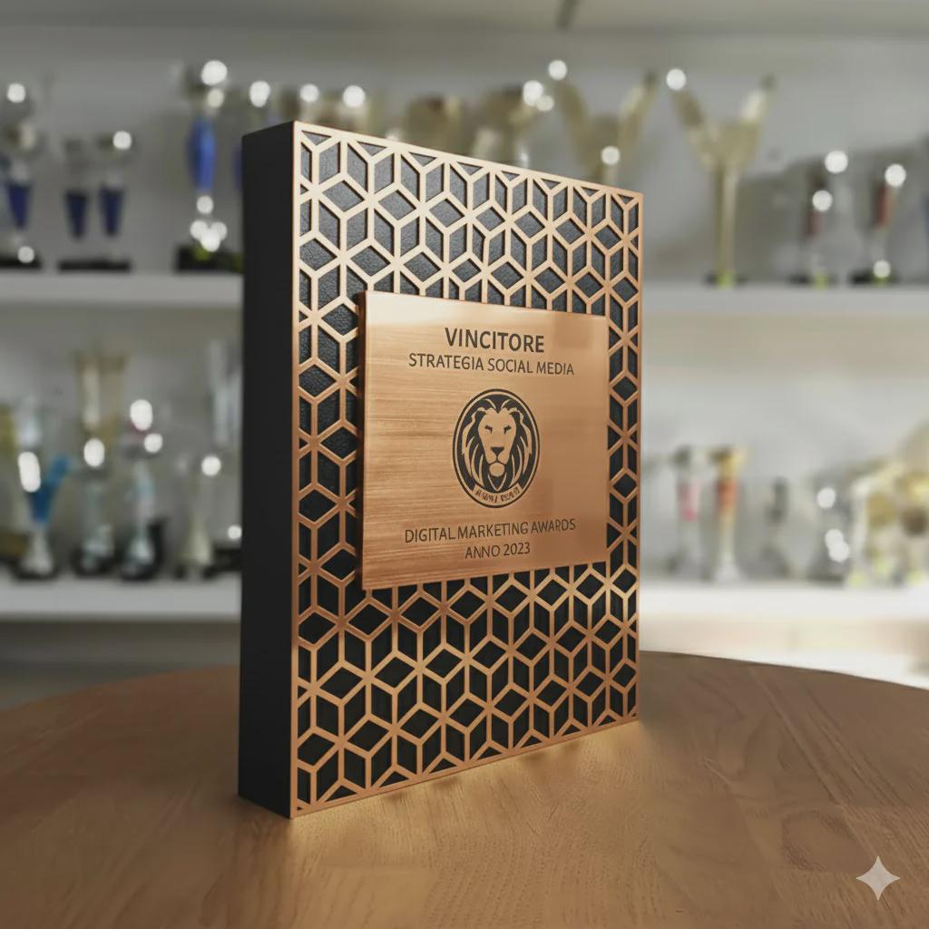 Trofeo blocco traforato bronzo abs in pino massello, premio quadrato personalizzato abbinato a cornice flessibile in ottone