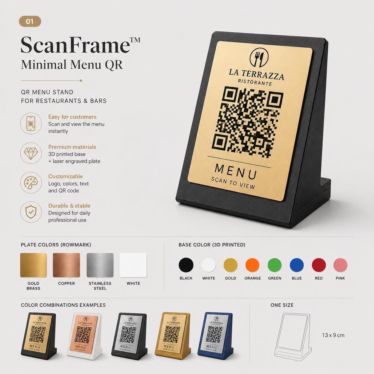 Qr code Rosa Personalizzato ScanFrame Stand in Metallo Inciso per Ristorante e Bar Segnatavolo Menu Digitale Display QR 3d