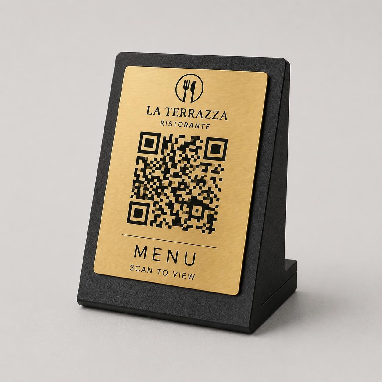 Menu arancione QR Code Personalizzato ScanFrame Stand in Metallo Inciso per Ristorante e Bar Segnatavolo Menu Digitale Display QR 3d