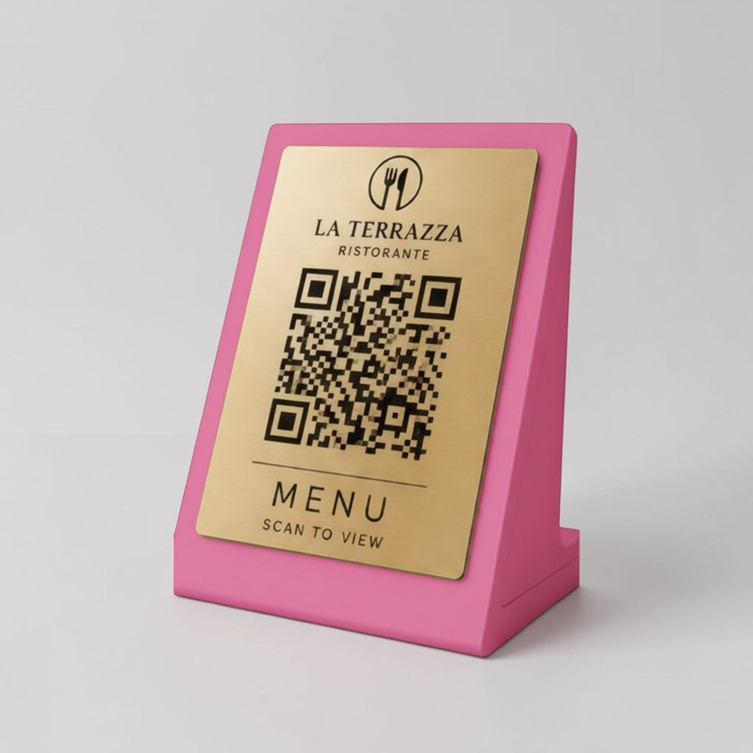 Qr code Rosa Personalizzato ScanFrame Stand in Metallo Inciso per Ristorante e Bar Segnatavolo Menu Digitale Display QR 3d