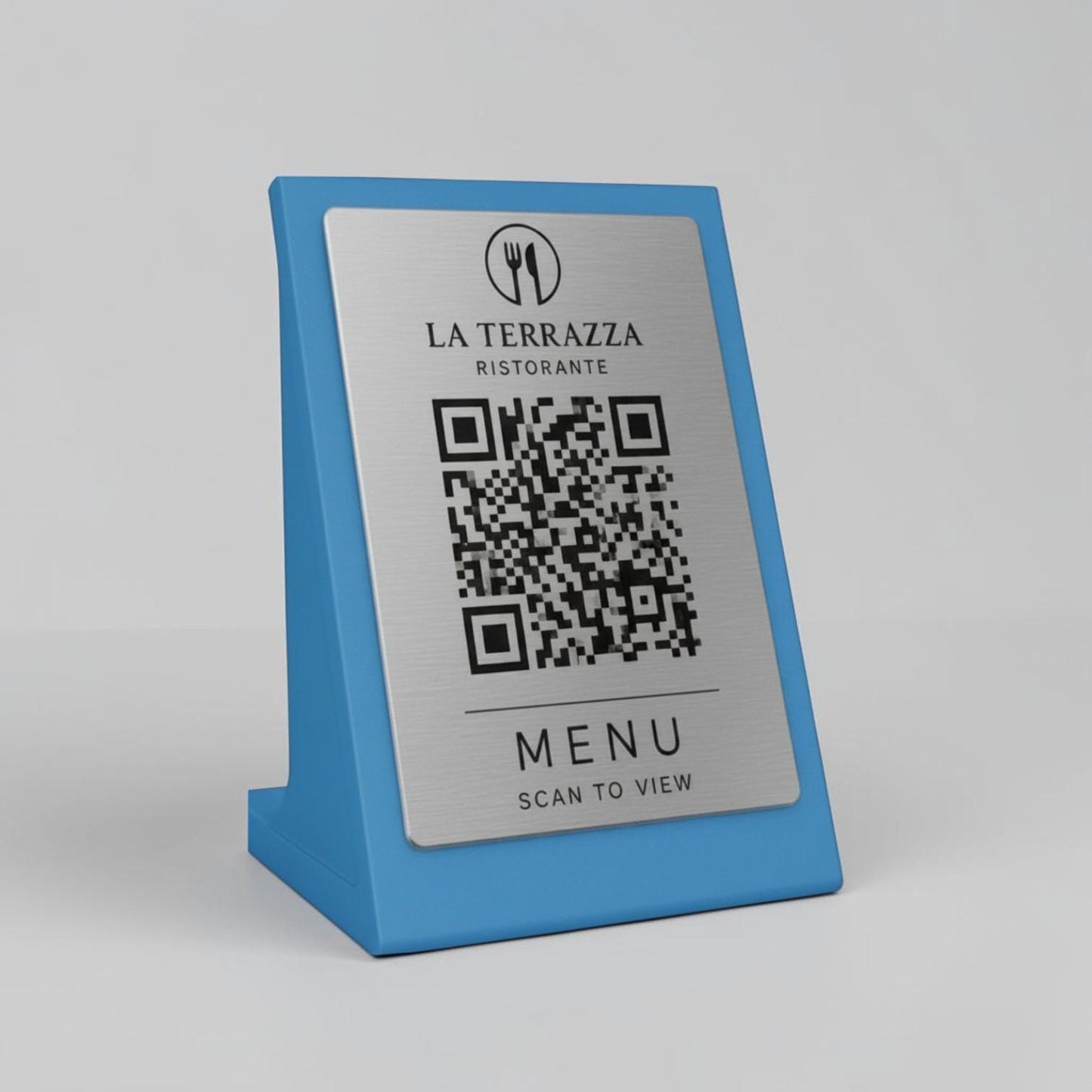 Qr code Azzurro Acciaio Personalizzato ScanFrame Stand in Metallo Inciso per Ristorante e Bar Segnatavolo Menu Digitale Display QR 3d