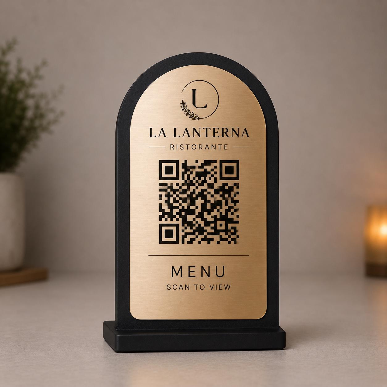 QR Code Menu bianco Personalizzato in Plexiglass Oro e Nero | Segnaposto Ristorante Elegante | Menu Digitale per Tavolo Menu Moderno