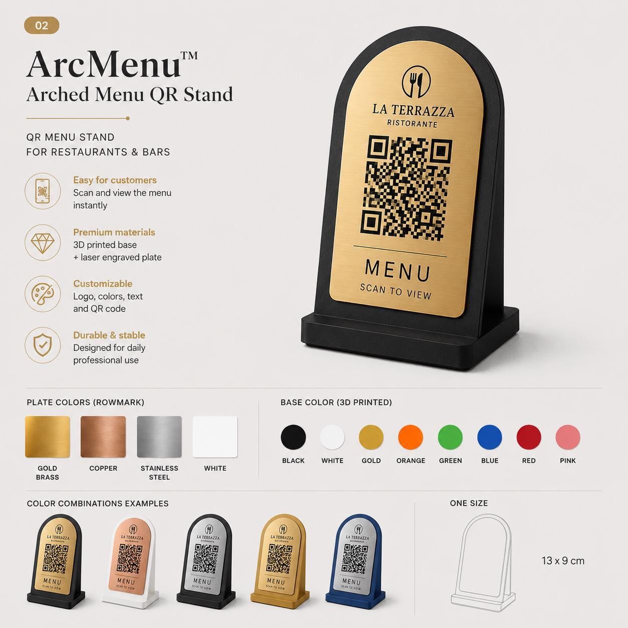 QR Code Menu bianco Personalizzato in Plexiglass Oro e Nero | Segnaposto Ristorante Elegante | Menu Digitale per Tavolo Menu Moderno