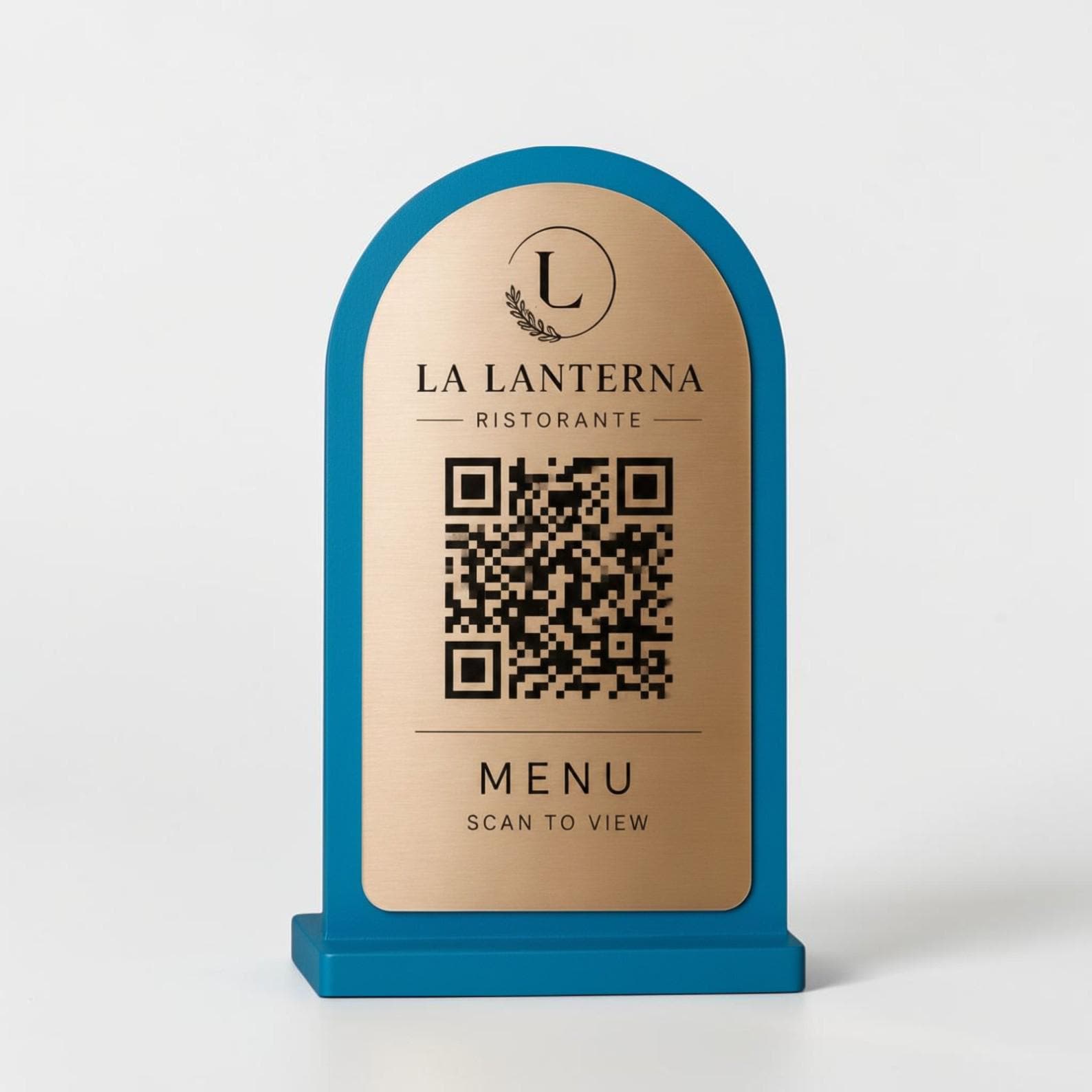 QR Code Menu azzurro Personalizzato in Plexiglass Oro e Nero | Segnaposto Ristorante Elegante | Menu Digitale per Tavolo Menu Moderno