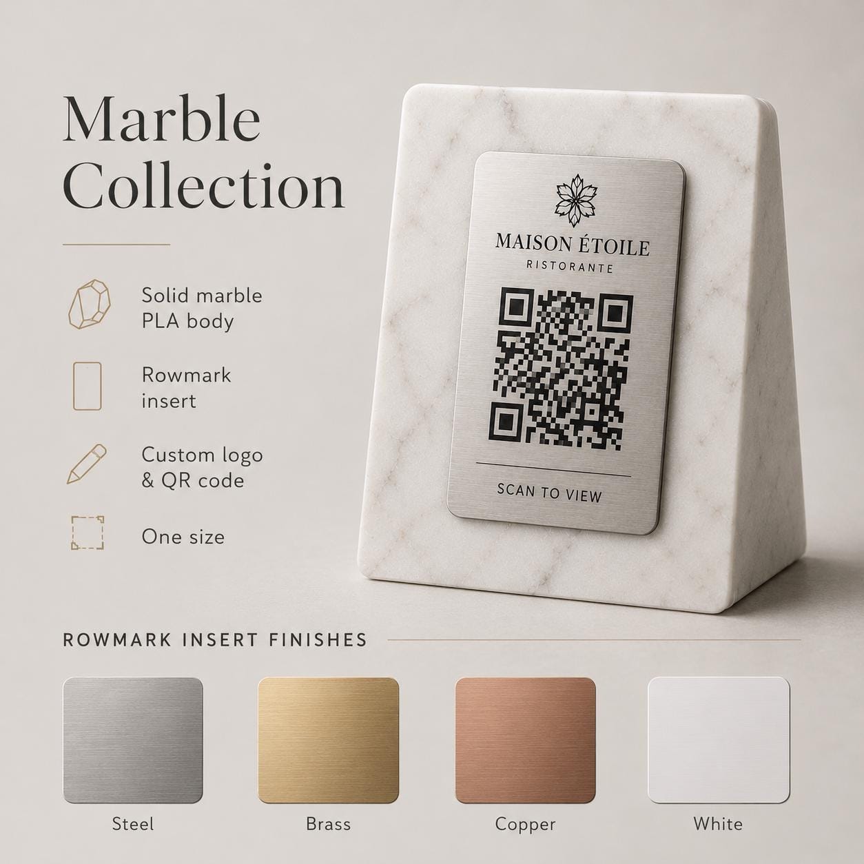 QR Code in pla effetto marmo e bianco Personalizzato | Segnaposto Ristorante Elegante | Menu Digitale Menu Cavaliere qr