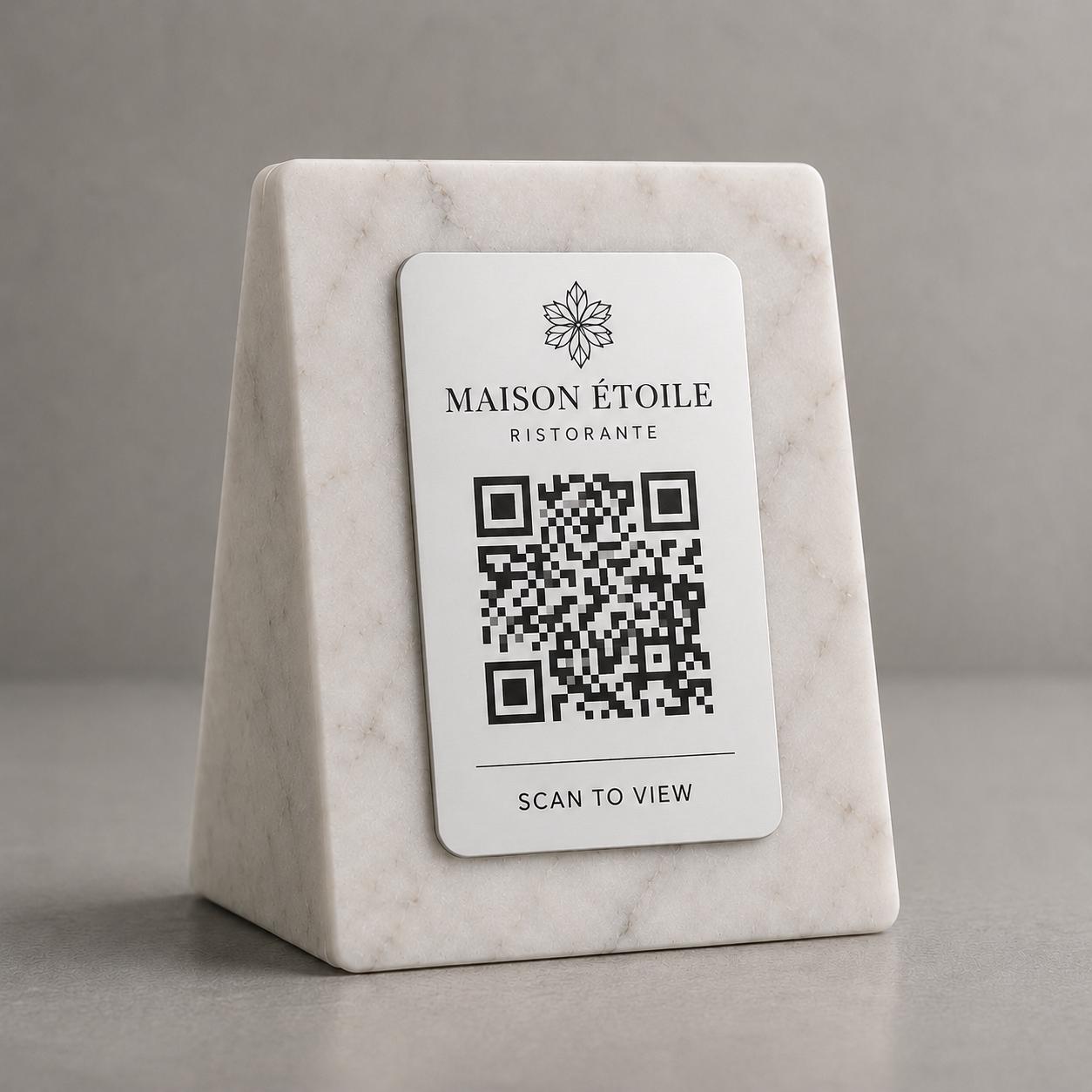 QR Code in pla effetto marmo e bianco Personalizzato | Segnaposto Ristorante Elegante | Menu Digitale Menu Cavaliere qr