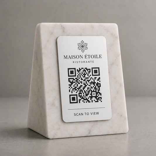 QR Code in pla effetto marmo e bianco Personalizzato | Segnaposto Ristorante Elegante | Menu Digitale Menu Cavaliere qr