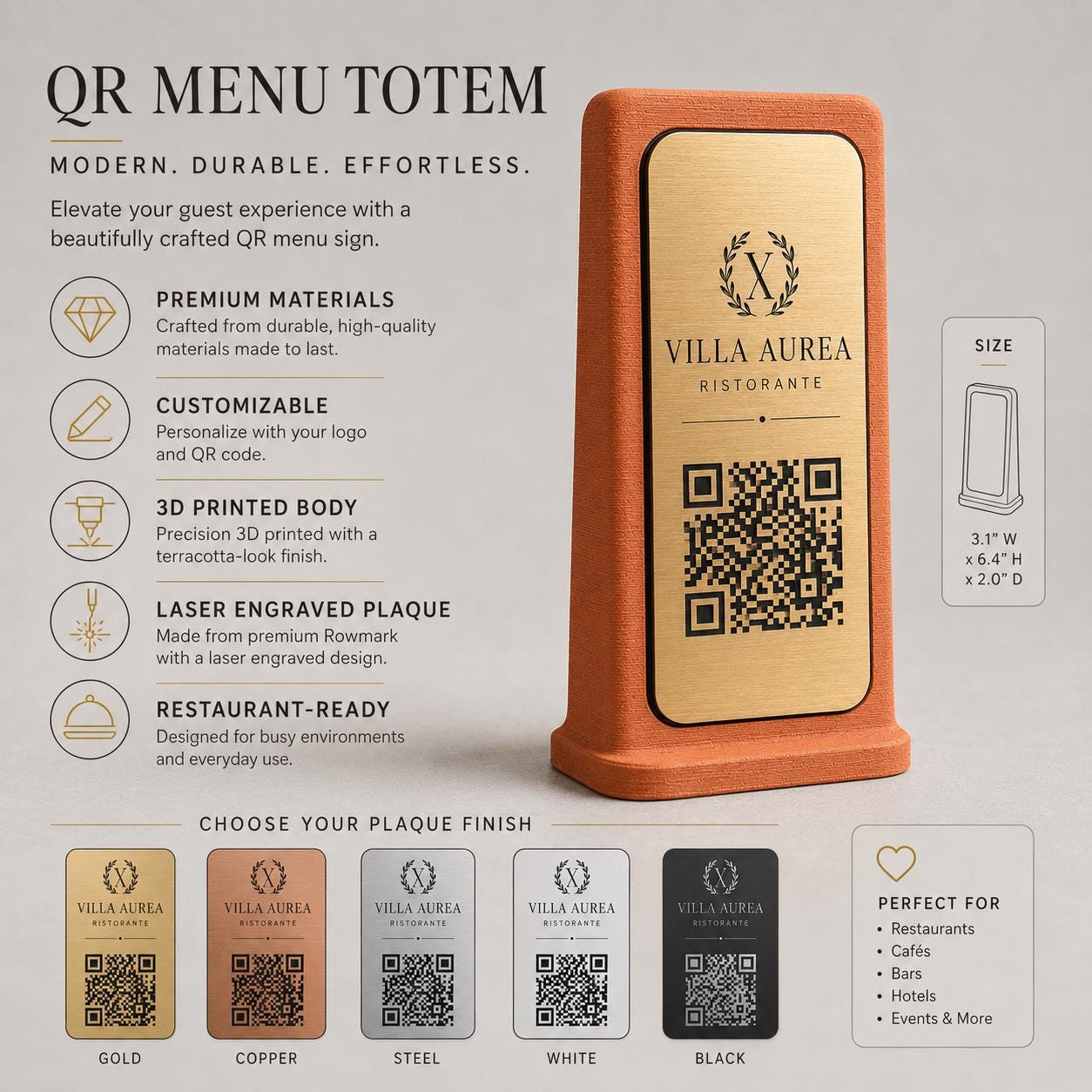Supporto QR Code Menu Ristorante in PLA Terracotta nero | Totem da Tavolo Personalizzato con Logo e Targhetta Incisa Laser | WiFi, Menu