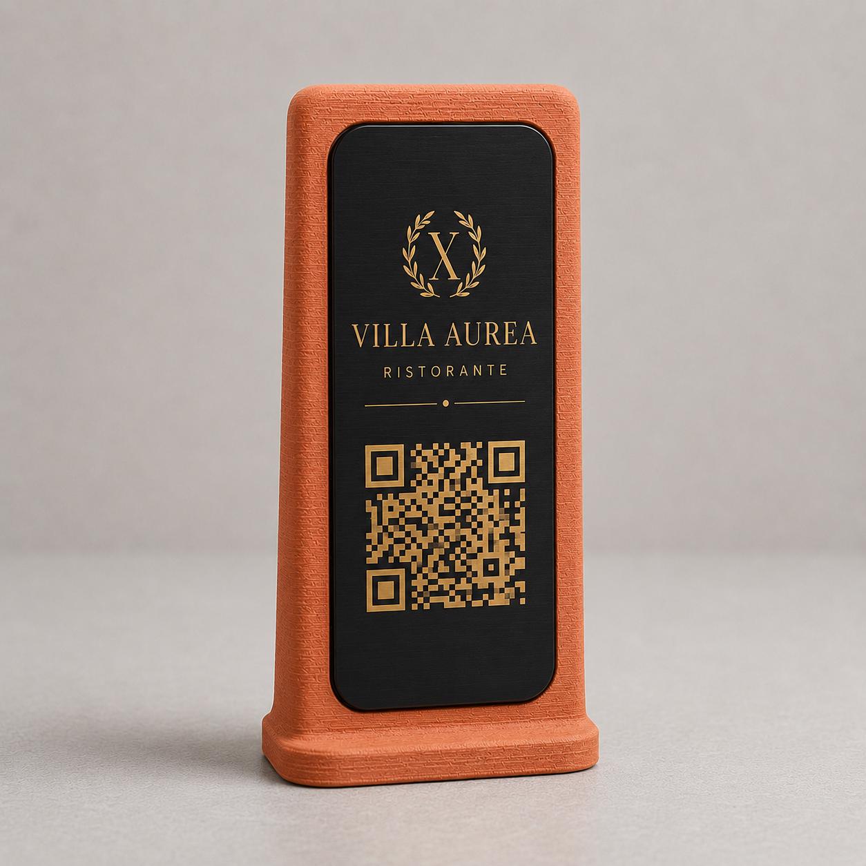 Supporto QR Code Menu Ristorante in PLA Terracotta nero | Totem da Tavolo Personalizzato con Logo e Targhetta Incisa Laser | WiFi, Menu