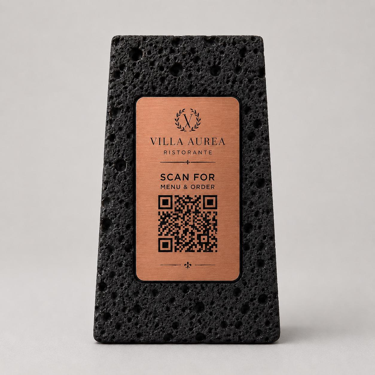 Supporto QR Code Menu Ristorante in PLA effetto pietra vulcanica rame | Totem da Tavolo Personalizzato con Logo e Targhetta Incisa Laser