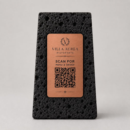 Supporto QR Code Menu Ristorante in PLA effetto pietra vulcanica rame | Totem da Tavolo Personalizzato con Logo e Targhetta Incisa Laser