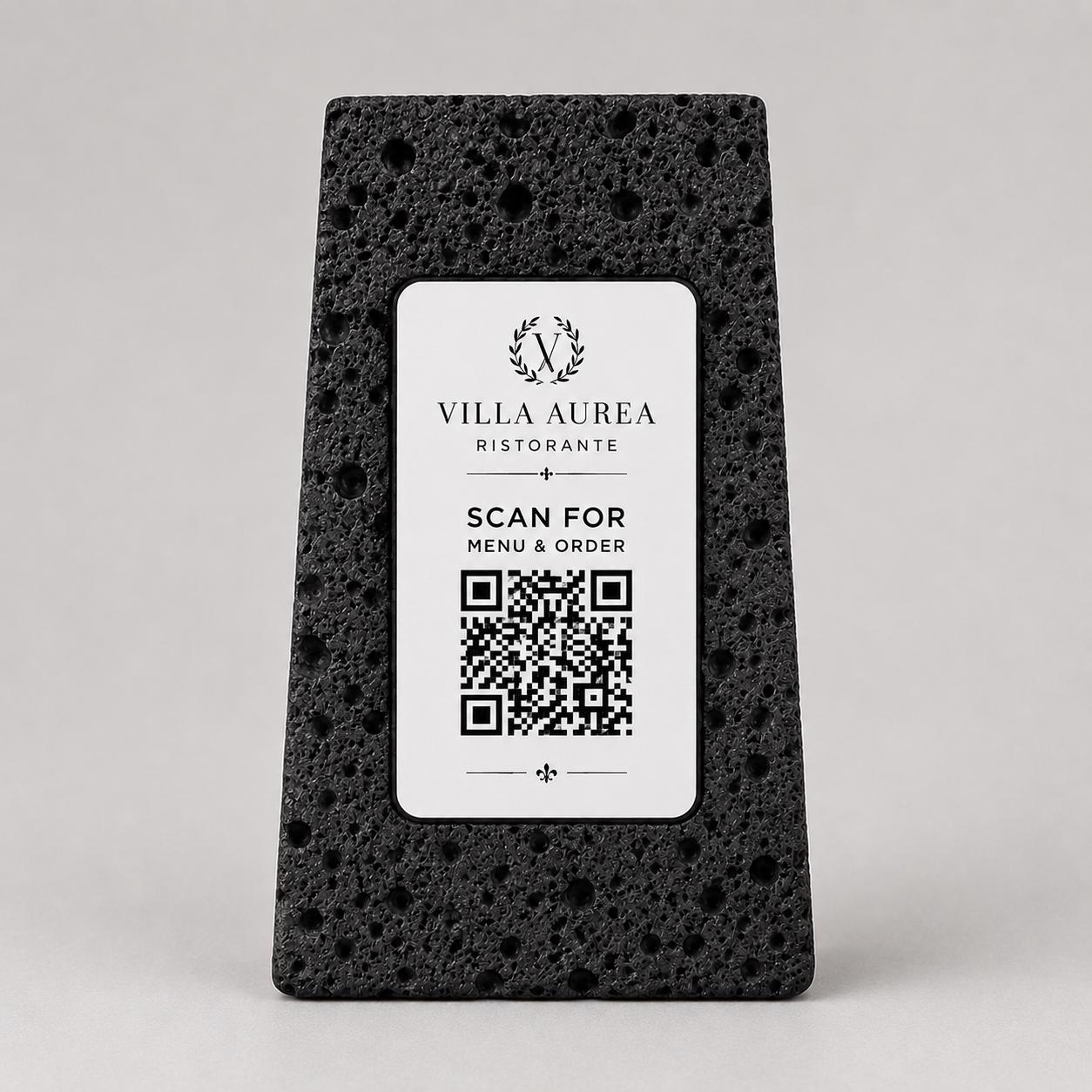 Supporto QR Code Menu Ristorante in PLA effetto pietra vulcanica rame | Totem da Tavolo Personalizzato con Logo e Targhetta Incisa Laser