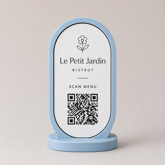 Porta Menu QR Code linea POP Bistrò Azzurro Pastello Personalizzato per Ristorante e Bar Segnatavolo Menu Digitale Display QR 3d