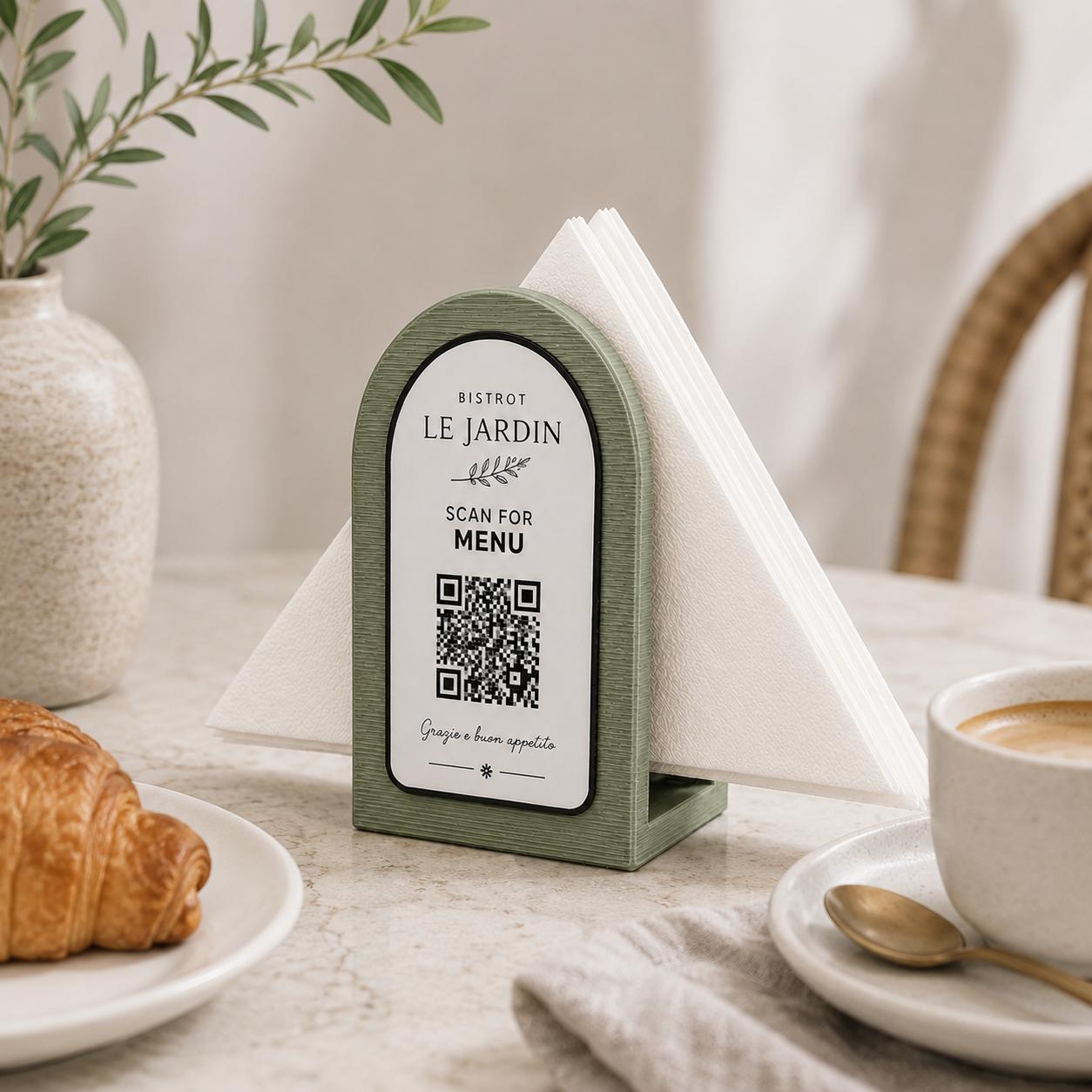 Portatovaglioli QR Code linea POP Bistrò azzurro pastello Personalizzato per Ristorante e Bar Segnatavolo Menu Digitale Display QR 3d