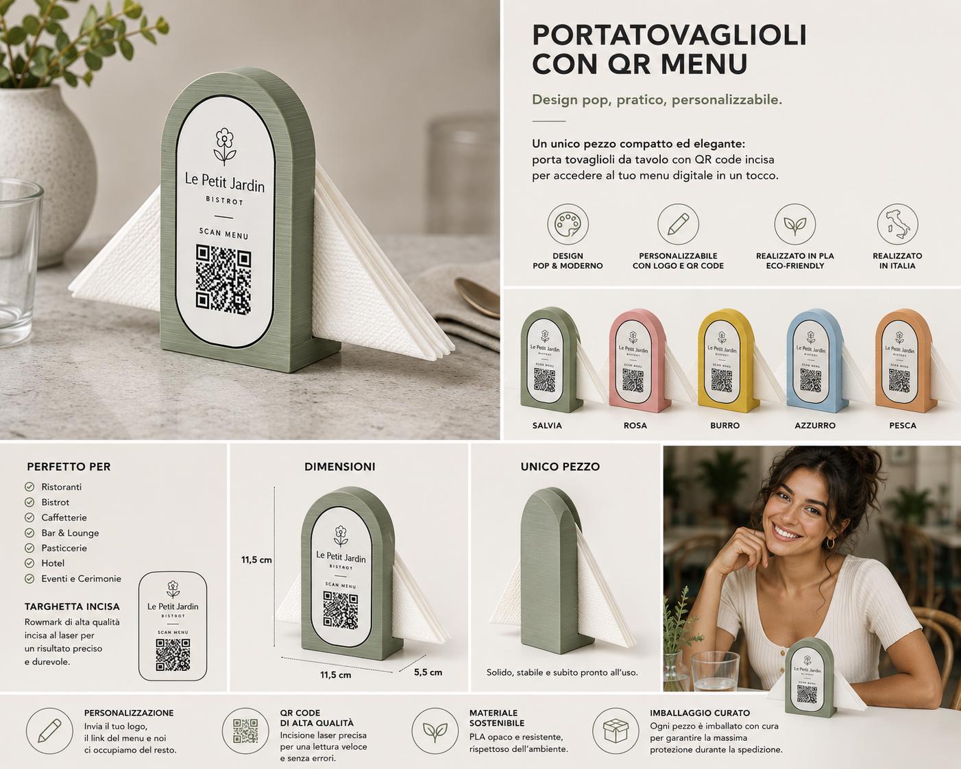 Portatovaglioli QR Code linea POP Bistrò Rosa confetto Personalizzato per Ristorante e Bar Segnatavolo Menu Digitale Display QR 3d