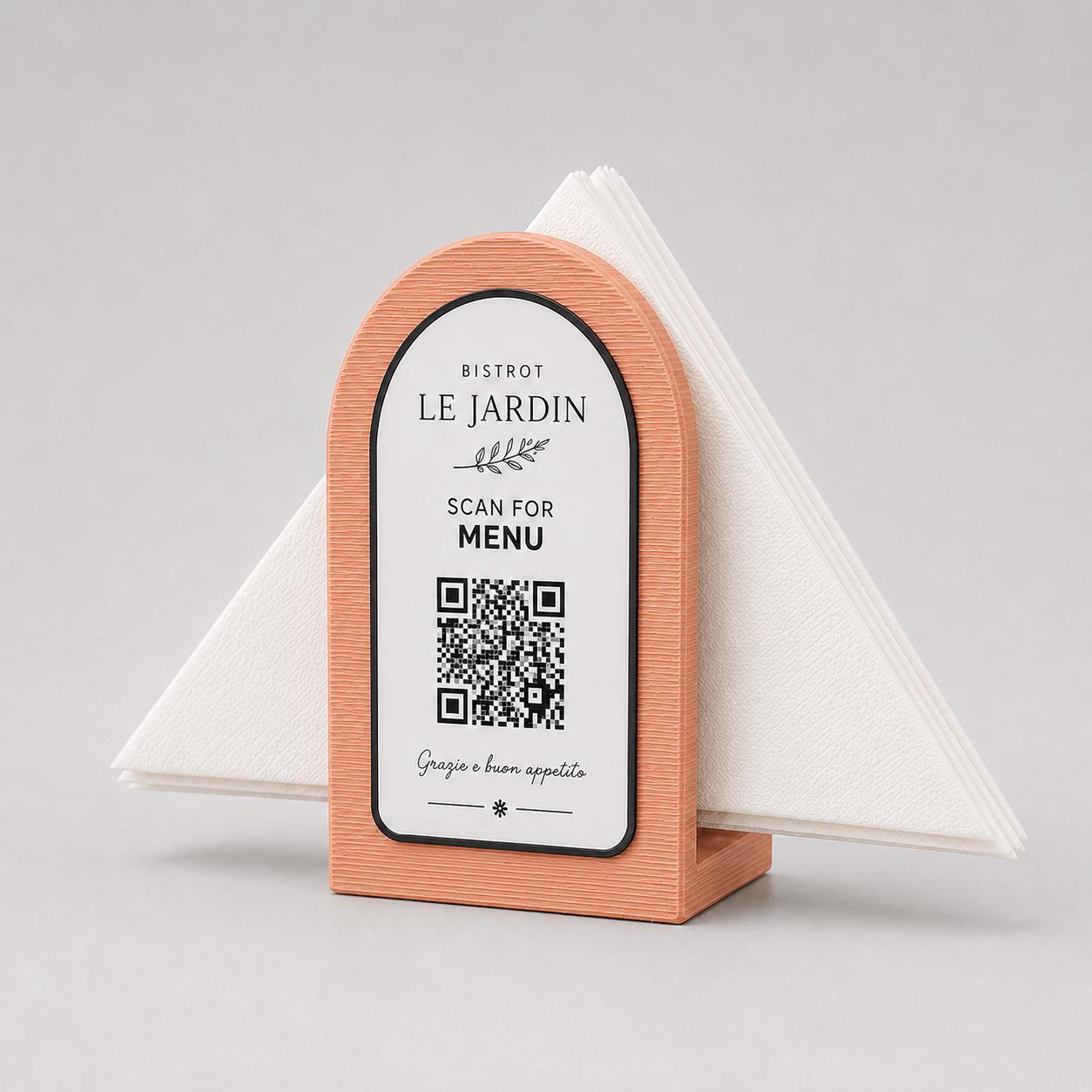 Portatovaglioli QR Code linea POP Bistrò Rosa confetto Personalizzato per Ristorante e Bar Segnatavolo Menu Digitale Display QR 3d