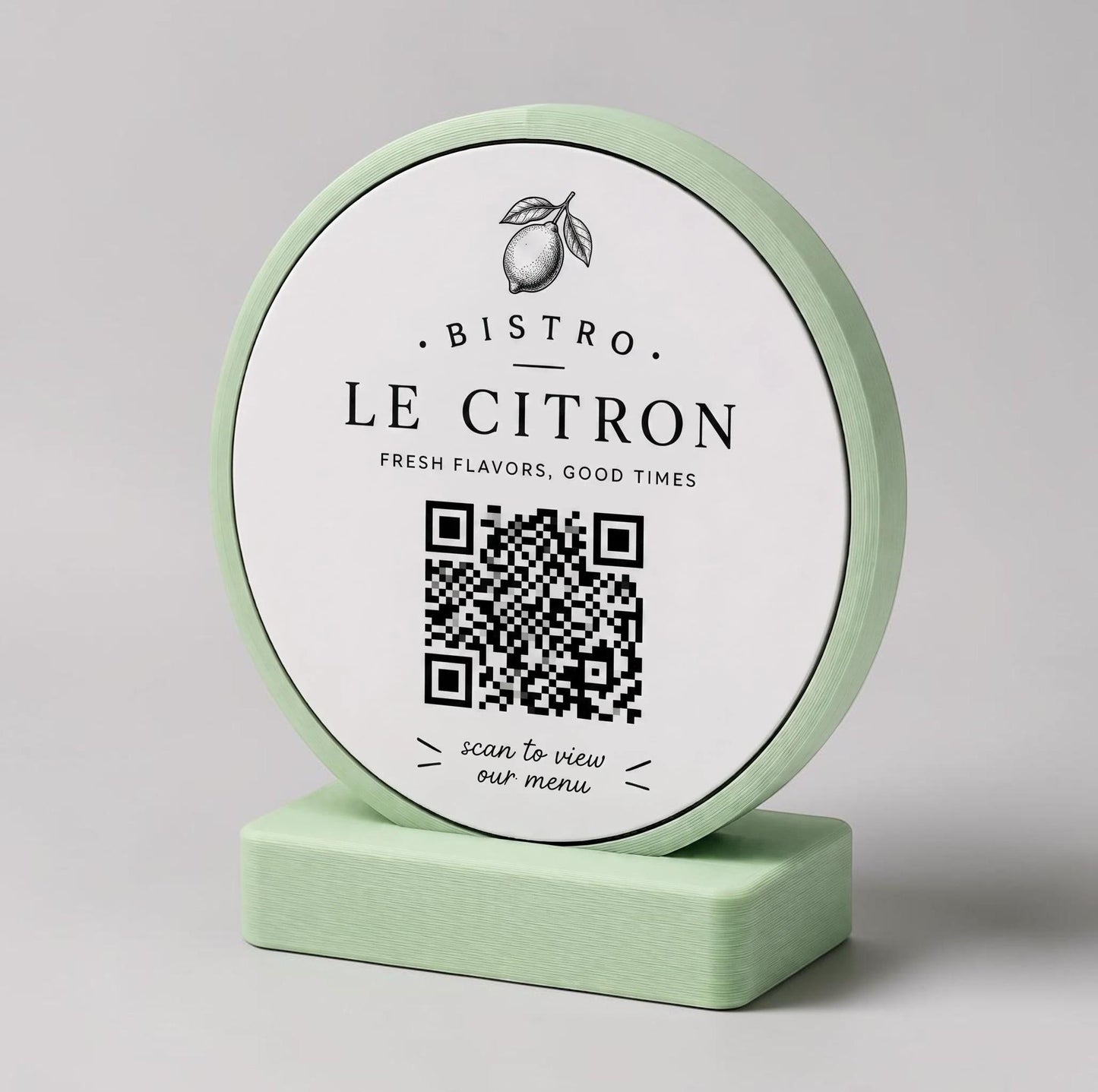 stand tondo QR Code linea POP Bistrò azzurro pastello Personalizzato per Ristorante e Bar Segnatavolo Menu Digitale Display QR 3d