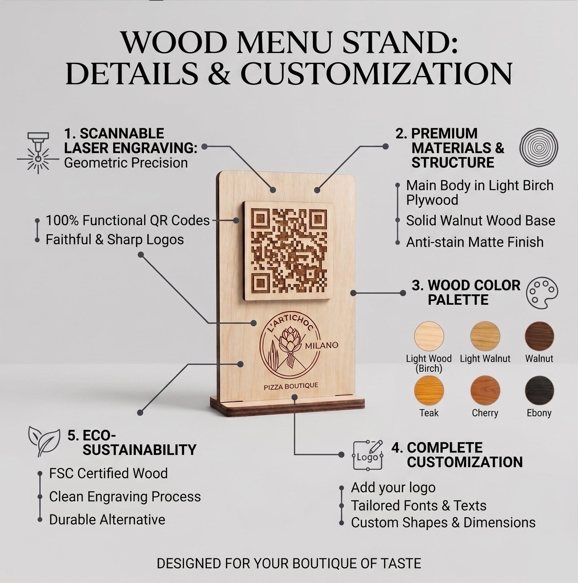 Porta QR Code in legno personalizzato, segnatavolo inciso laser per menu digitale ristorante bar hotel
