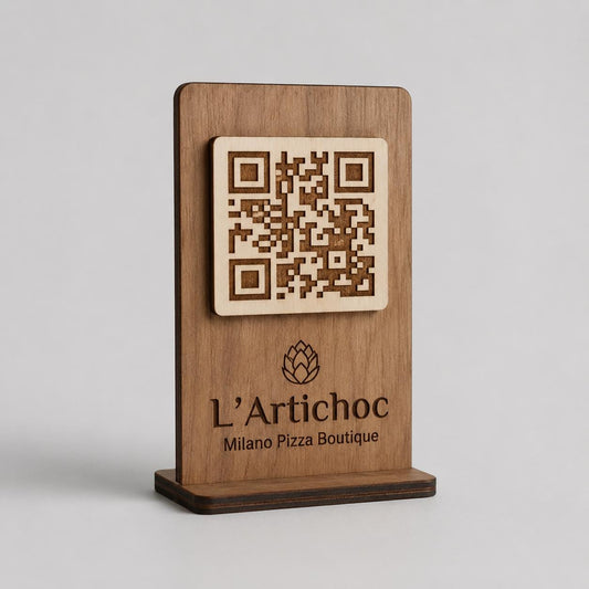QR Code in legno color noce personalizzato, segnatavolo inciso laser per menu digitale ristorante bar hotel