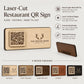 Targhetta QR Code in legno color ebano personalizzato con logo, segnatavolo inciso laser per menu digitale ristorante bar hotel