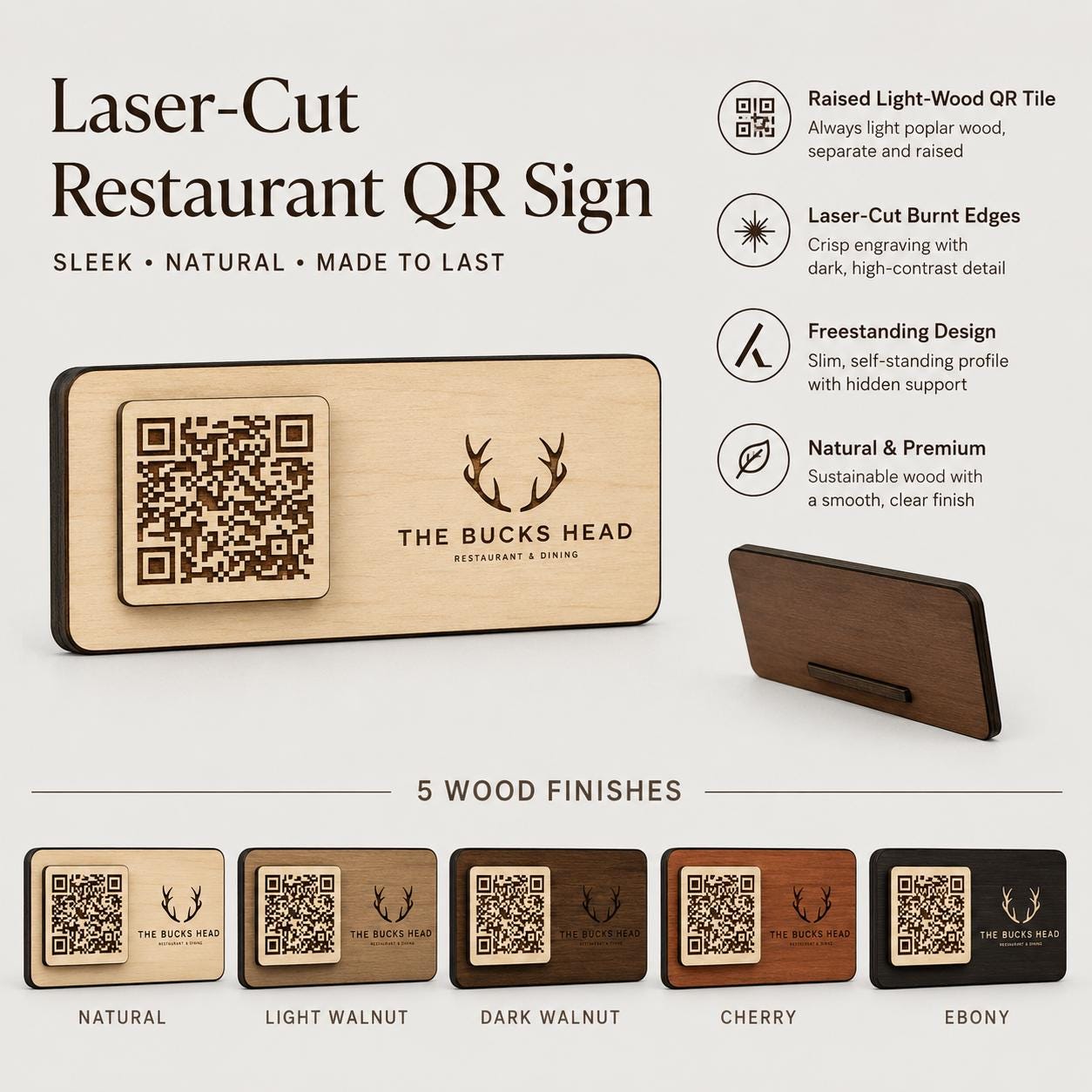 Targhetta QR Code in legno color noce personalizzato con logo, segnatavolo inciso laser per menu digitale ristorante bar hotel