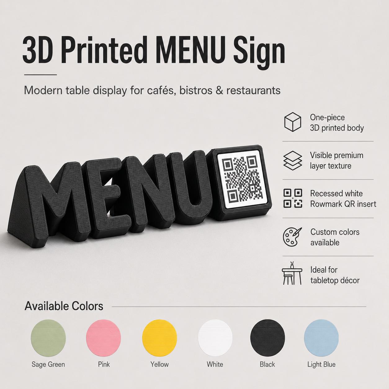 Scritta menu 3d qr code Linea TYPOGRAFY giallo Personalizzato per Ristorante e Bar Segnatavolo Menu Digitale Display QR 3d