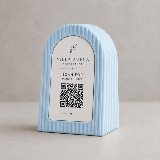 Qr code Linea japandi azzurro Espositore Menu QR Code in Stampa 3D e Lastra Incisa al Laser – Linea Japandi Minimal