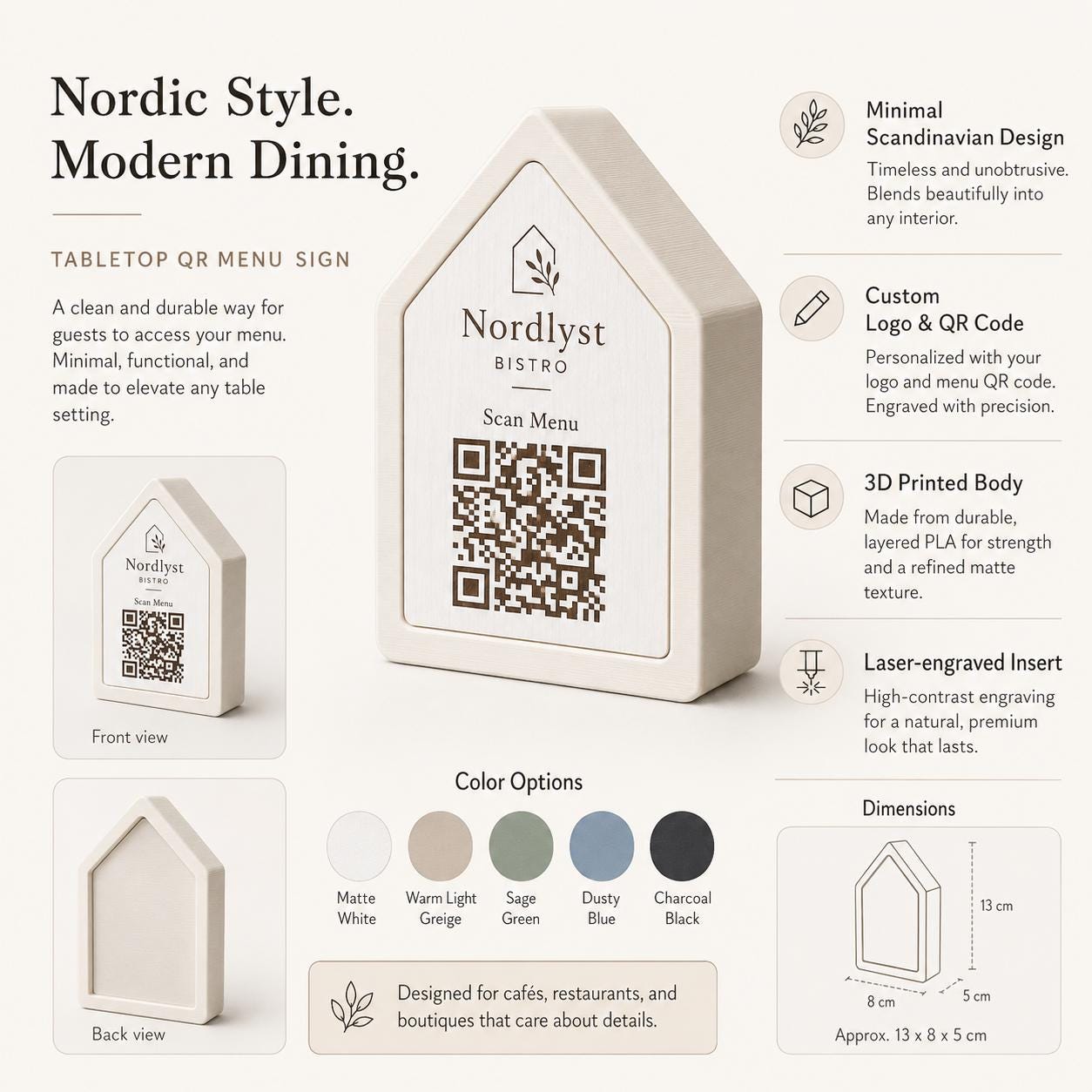 Qr code Linea stile NORDIC scandinavo minimal verde Espositore Menu QR Code in Stampa 3D e Lastra in legno di pioppo Incisa al Laser