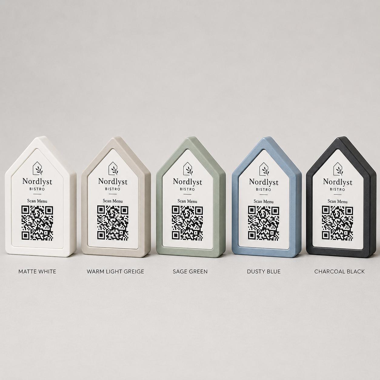 Qr code Linea stile NORDIC scandinavo minimal azzurro Espositore Menu QR Code in Stampa 3D e Lastra in legno di pioppo Incisa al Laser